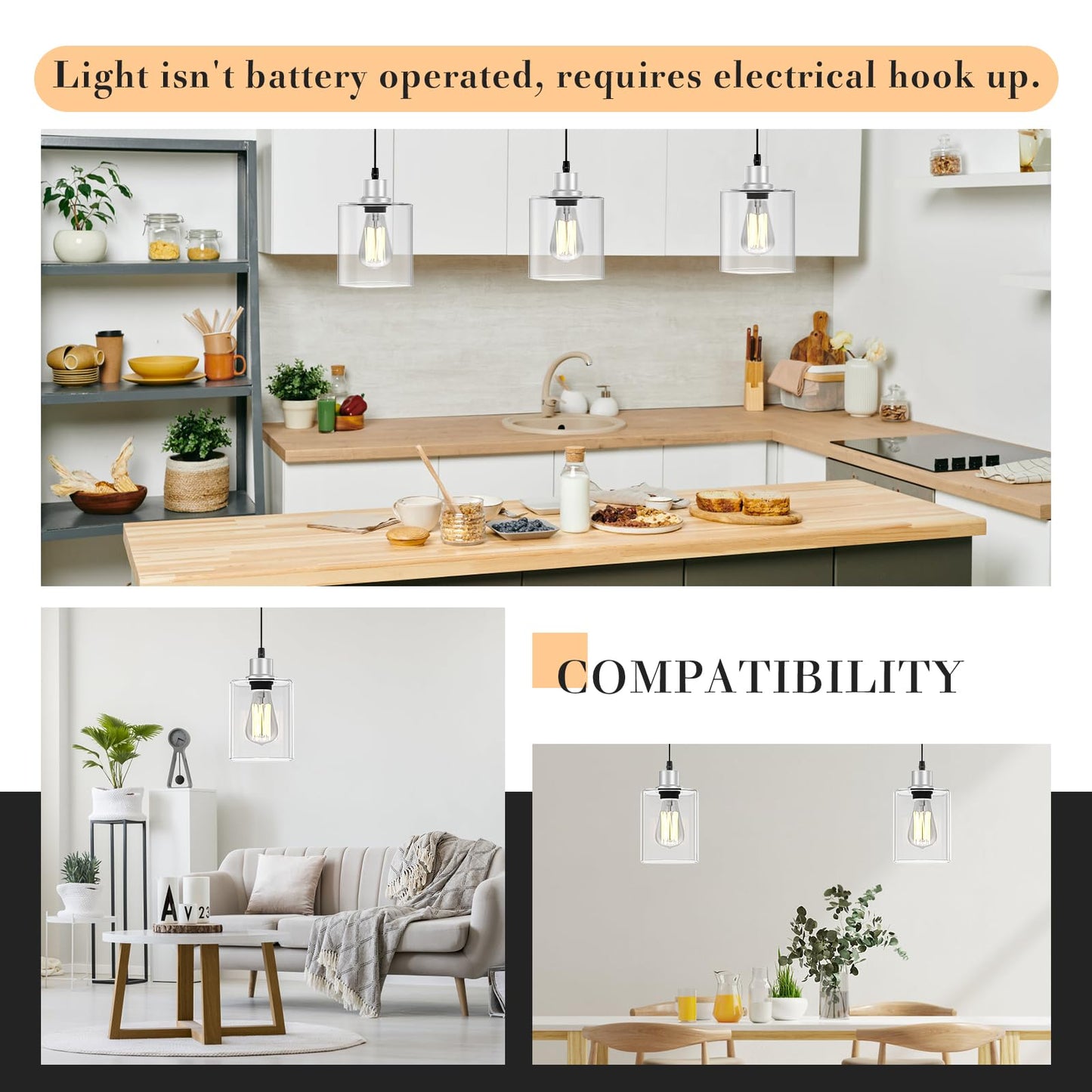 Pendant Light Kitchen Island Lighting 3 Pcs  With Bulb & Clear Glass Shade - 59 Inch Hanging Cord Farmhouse Hanging Lighting Fixture For Dining Room Bedroom Hallway - Brushed Nickel