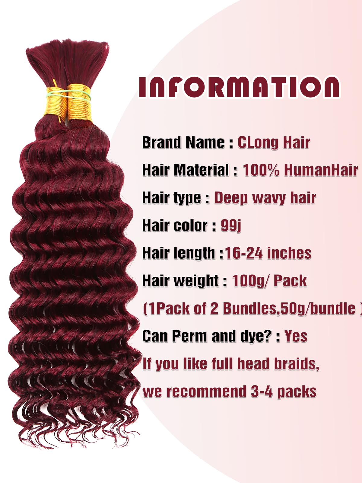 99J Burgundy Human Braiding Hair Deep Wave Bulk Human Hair, No Weft Curly Braiding Hair Extensions for Boho Braids Wet and Wavy