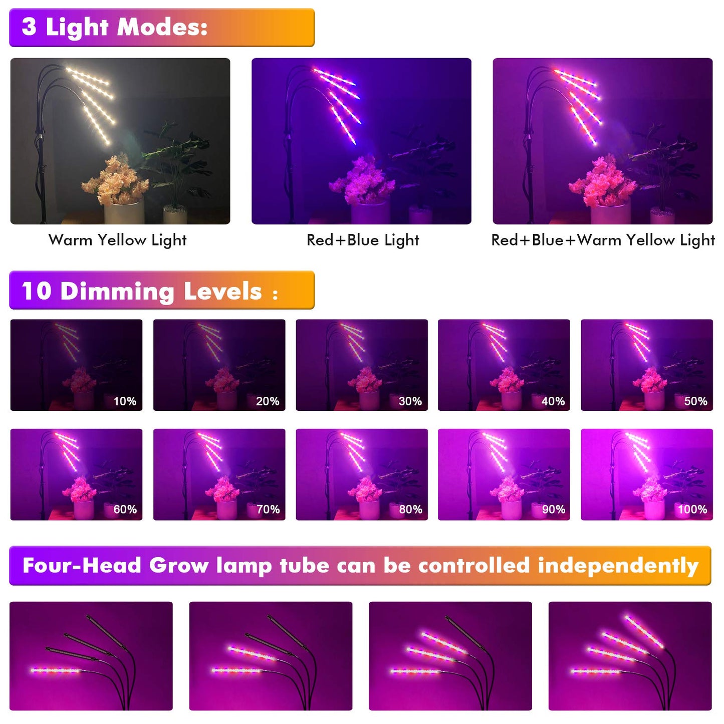 Felibeaco LED Plant Grow Light, Full Spectrum, Adjustable Stand (14in-63in), Floor UV Lamp, Black, Model FB-PGL-TS4