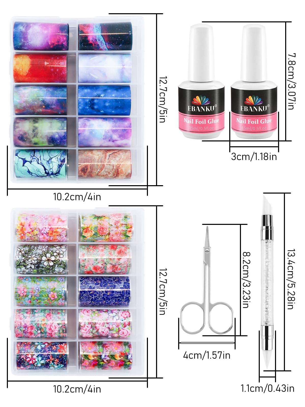 EBANKU Nail Foil Glue Gel, 20 Pcs Nail Art Foil with 30ML Nail Glue, Starry Sky Flower Stickers Transfer Foils Gels Polish Set f