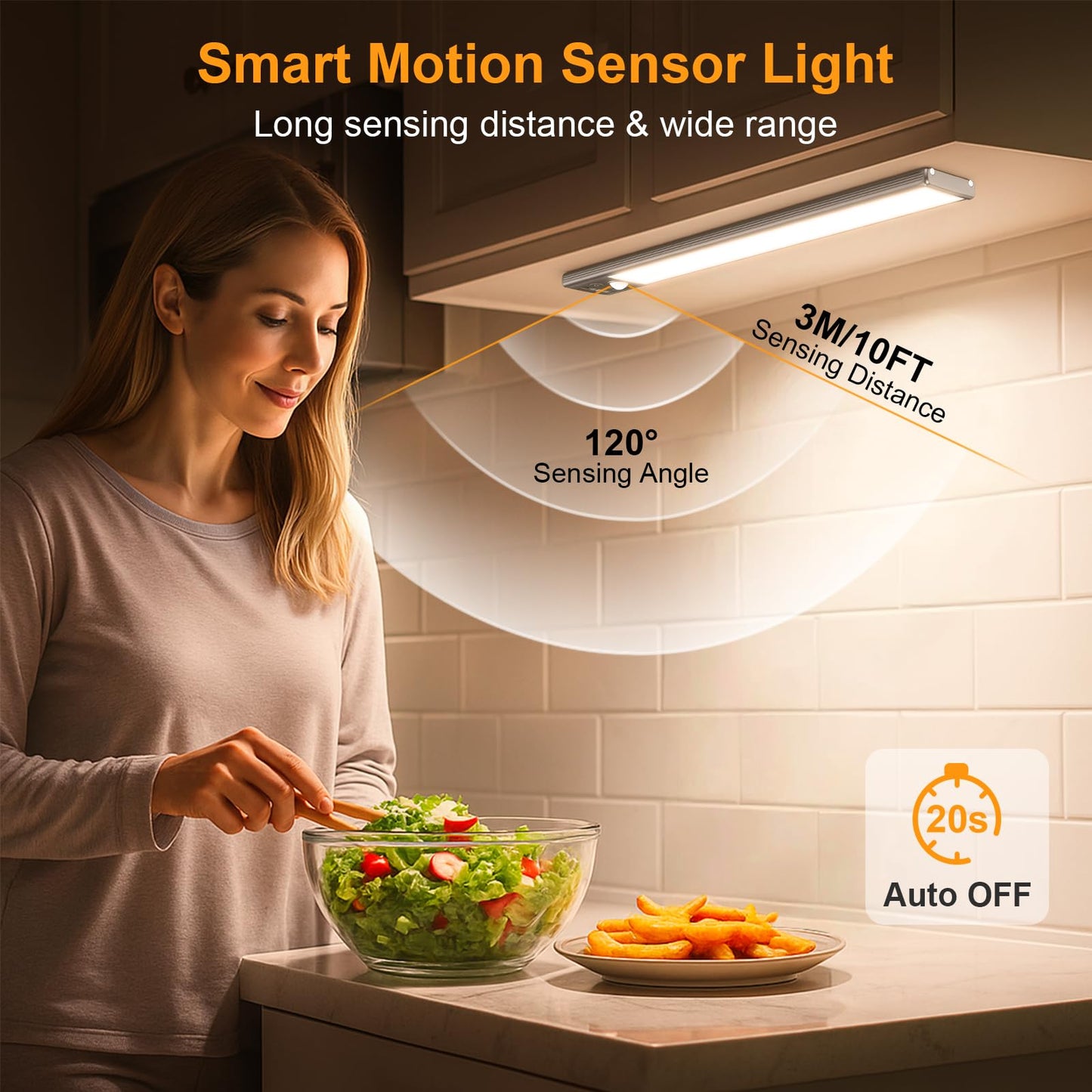 Gritin 10.2Inch Under Cabinet Lighting Rechargeable -84 Led Super Bright 3-Color& 5 Level Brightness 4 Modes Motion Sensor  Long Lasting- Easy Installation Magnetic Closet Lights -2 Pack-Bronze
