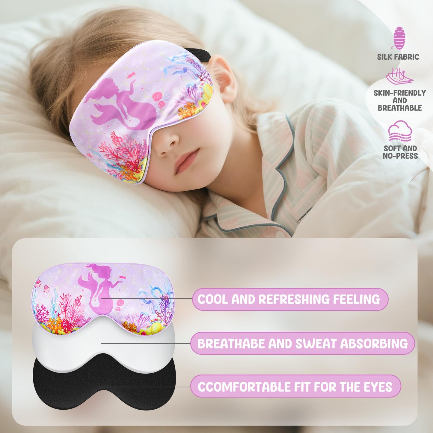 2 Pcs Sleep Mask for Kids Girls, Silk Eye Covers for Sleeping, Adjustable Strap & Light Blocking Design, Children's Bedtime Blindfold for Travel and Home Use (Mermaid)