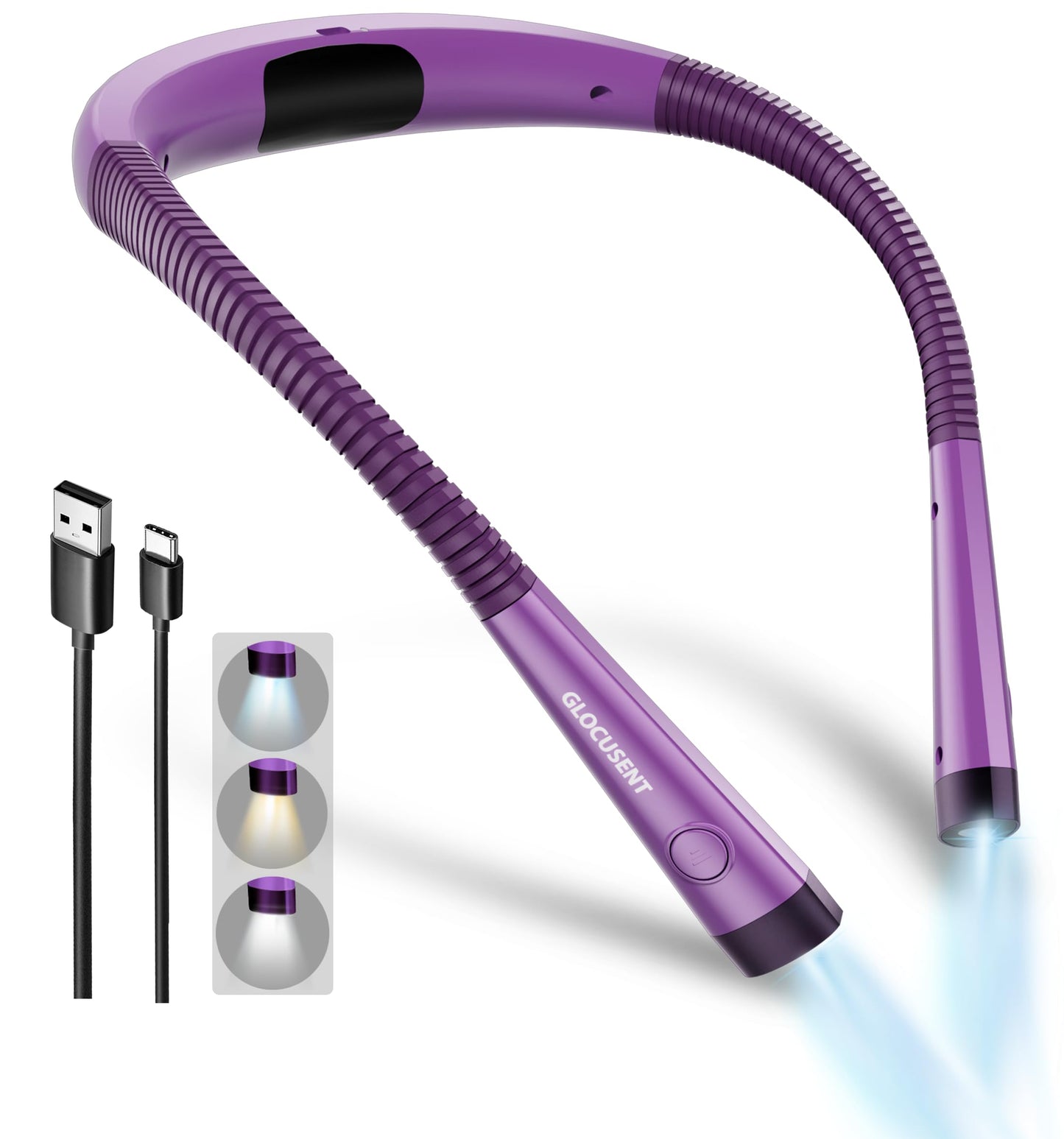 Glocusent LED Neck Reading Light, 3 Colors, 6 Brightness Levels, Rechargeable, Lilac Purple, Model GLCSNTBL011