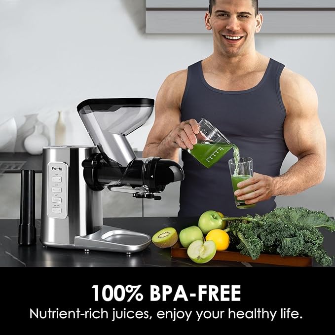 Fretta Masticating Slow Juicers,3-inch Wide Feeding Chute Cold Press Juicer,Celery Juicer, Juicer Machines Vegetable and Fruit,Juice Recipes Included,2 Speed,BPA-Free,Easy Clean,200W (Stainless Steel)