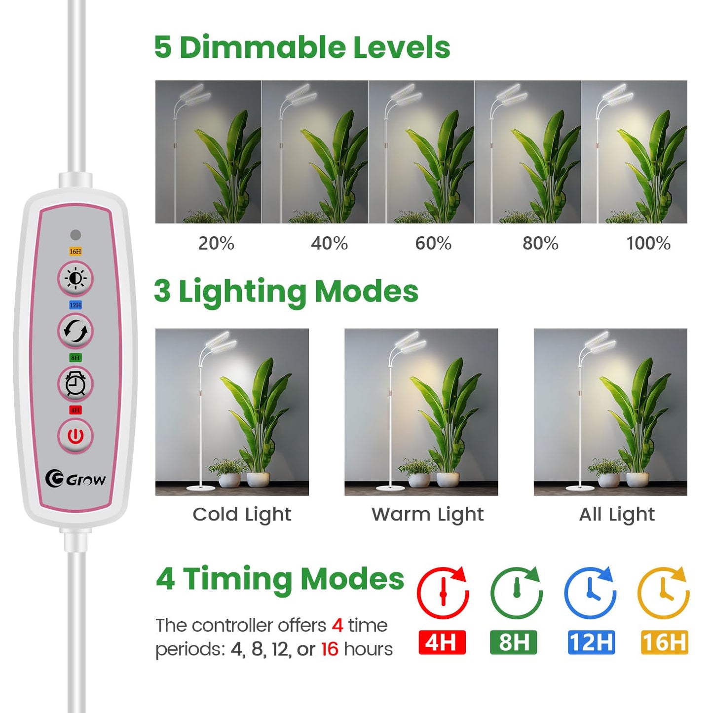 Wiaxulay Grow Lights for Indoor Plants, 306 LED Full Spectrum, Adjustable Height 24-68 in, 2 Heads, Timer, 3 Modes, White
