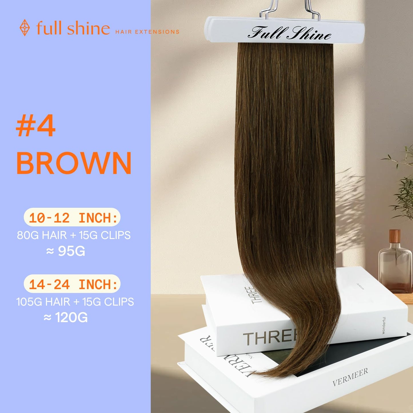 Full Shine Brown Clip in Human Hair 7 Pcs Natural Brown Clip in Extensions Real Human Hair Triple Weft Clip in Hair Extensions B