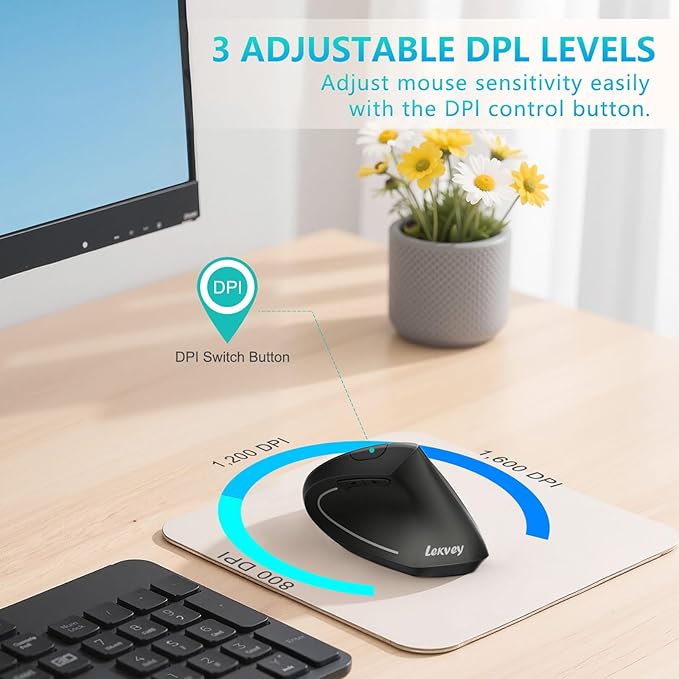 Lekvey Ergonomic Mouse, USB C Wireless Vertical Mouse, Dual Mode Rechargeable USB-A & Type-C Ergo Mouse, 1600 DPI, Relieves Wrist Pain and Carpal Tunnel, for Laptop Computer Mac MacBook PC, Black