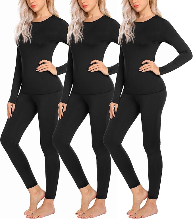 Ekouaer 3 Sets Thermal Underwear for Women Long Johns Long Sleeve Base Layer for Cold Weather S-XXL