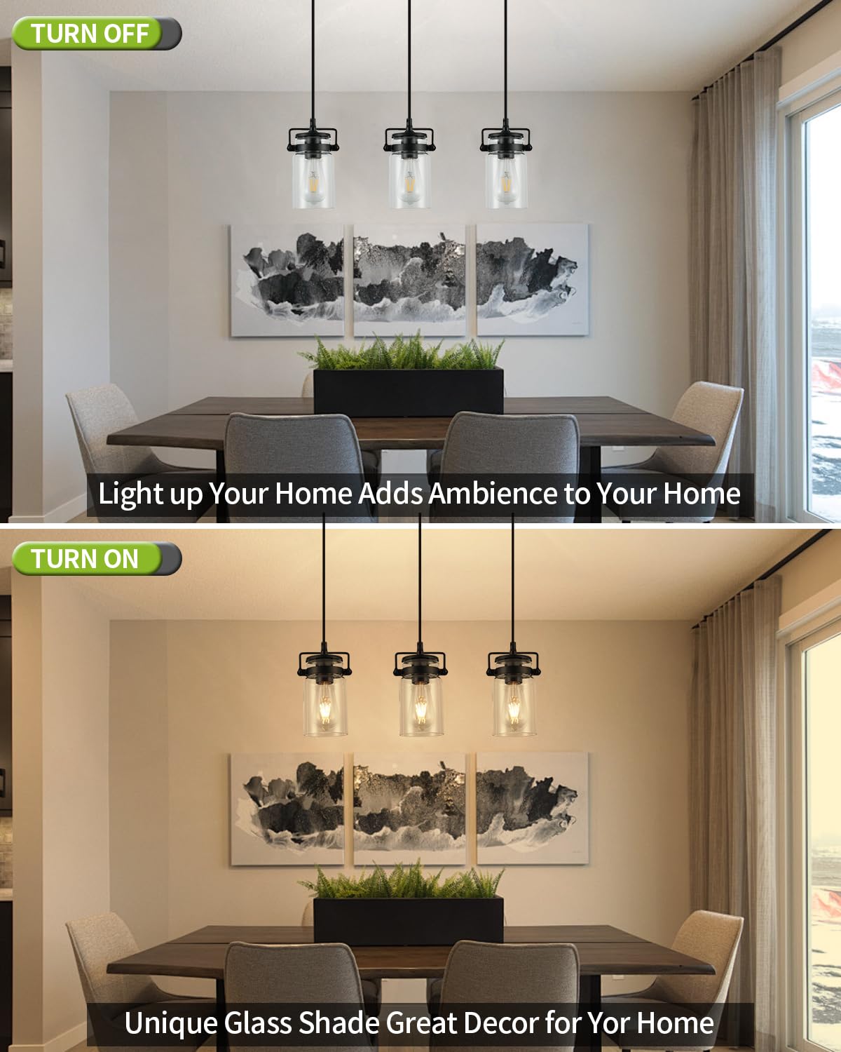 Pendant Lighting For Kitchen Island  Modern Glass Pendant Light Linear Chandelier For Dining Room Industrial Hanging  3 Light Fixture Adjustable Cord Farmhouse Ceiling Light Black Finish