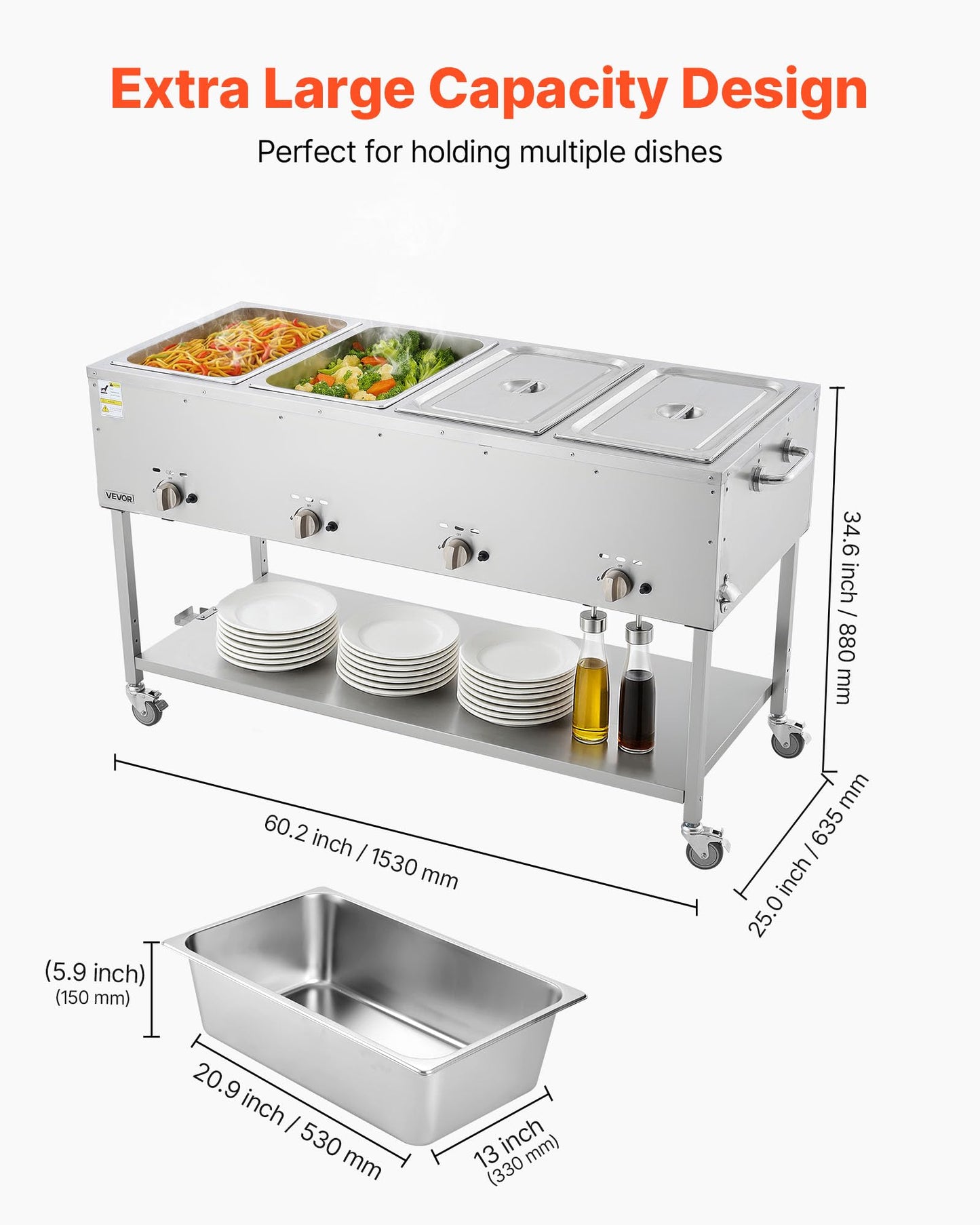 VEVOR 4-Pan Commercial Propane Steam Table, LP Gas Outdoor Soup Warmer with Drain Valve and 3" Wheels, Stainless Steel Propane Food Warmer with Independent Temp Control, for Restaurant Outdoor Camping