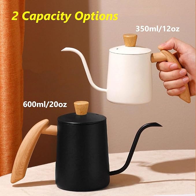 Pour Over Coffee Kettle Gooseneck Tea Pot 304 Stainless Steel Hand Coffee Maker Kettle-Barista Pour Control Design,Wood Handle and Long Narrow Spout Camping Kettle(Color:Black,Size:20oz)