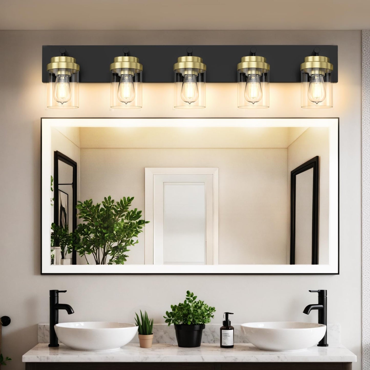 Izorro Bathroom Vanity Light Fixture  5-Light 36 Inch Black And Gold Bathroom Light Fixtures Over Mirror  With Clear Glass Shade  Modern Farmhouse Vanity Lights  Rustic Restroom Lighting Fixtures