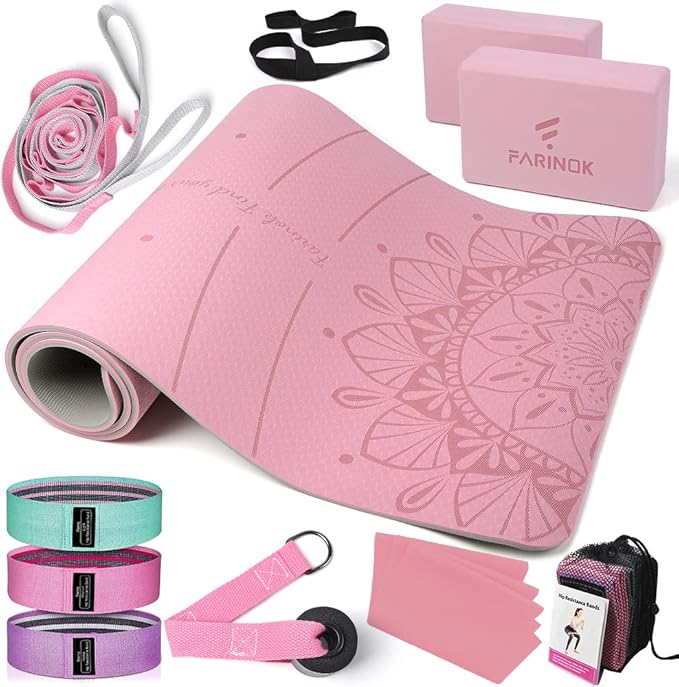 1/3 Yoga Mat Thick, Yoga Set for Beginners Include High Density Mat with Multi-loops Strap, Blocks, Booty Resistance Band ...