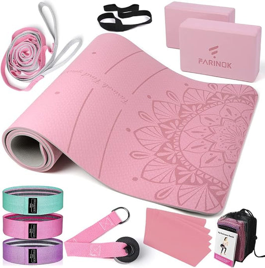 1/3 Yoga Mat Thick, Yoga Set for Beginners Include High Density Mat with Multi-loops Strap, Blocks, Booty Resistance Band ...