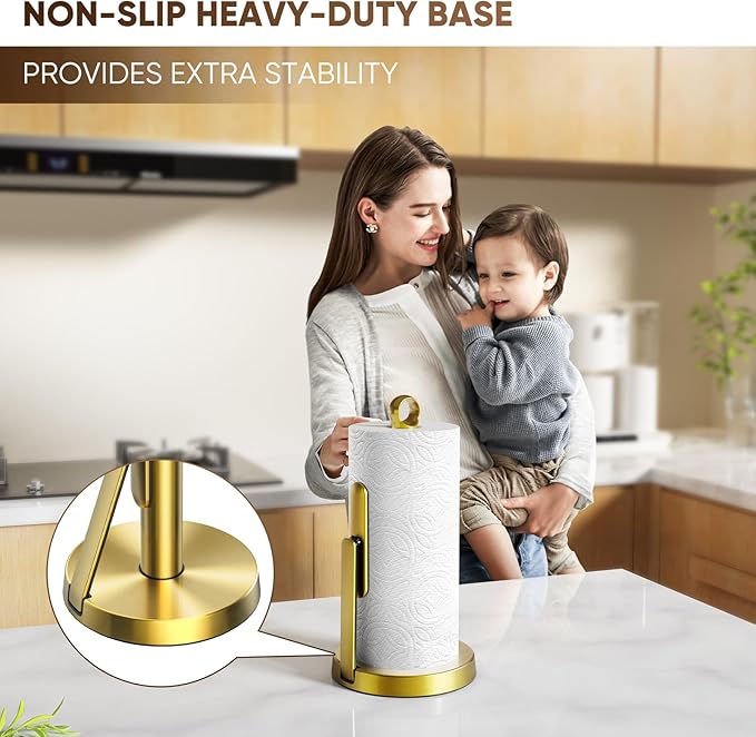 theaoo Heavy-Duty Stainless Steel Paper Towel Holder with Tension Arm – Easy One-Handed Tear, Modern Standing Countertop Dispenser for Kitchen, Holds All Paper Towel Rolls (1, Gold)
