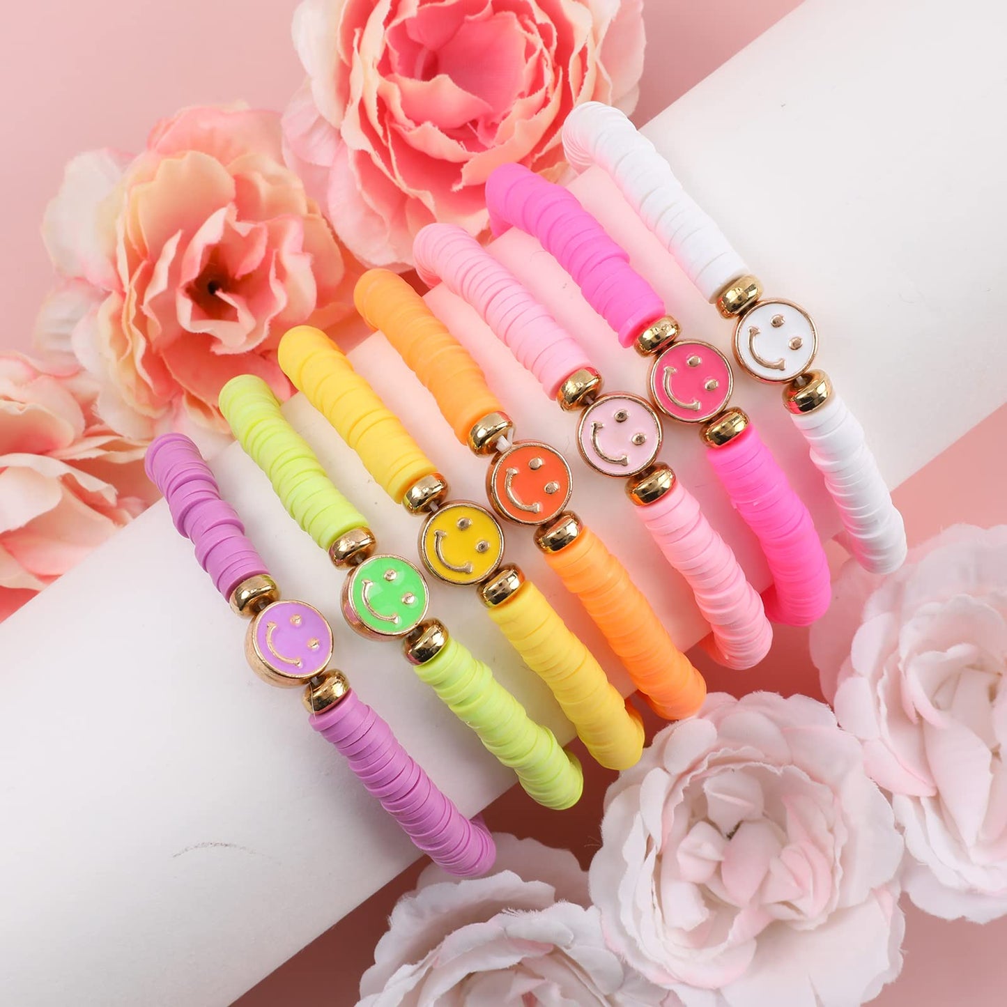 Candy Color Preppy Bracelets for Women Stackable Beaded Bracelets Colorful Smiley Face Friendship Bracelets Stretch Elastic Clay