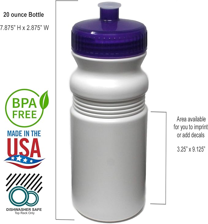 Rolling Sands 20 Ounce Sports Water Bottles 24 Pack, BPA-Free, Made in USA, Dishwasher Safe, White Bottles/Purple Lids