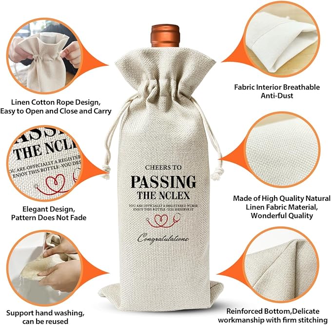 Nurse Practitioner Graduation Gift Wine Bag, Passing The Nclex Gift For Her Friend, Nurse School Graduation Party Gift Decoration, Funny Nurse Day Week Gift, Cotton Linen Wine Gift Bag With Drawstring