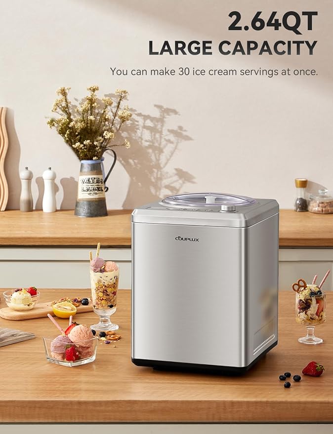 2.64 Qt Ice Cream Maker, Upgraded Fastest 250W Compressor Fully Automatic Ice Cream Machine with No Pre-Freezing, 2H Keep Cool, LCD Display & Timer, All Stainless Steel