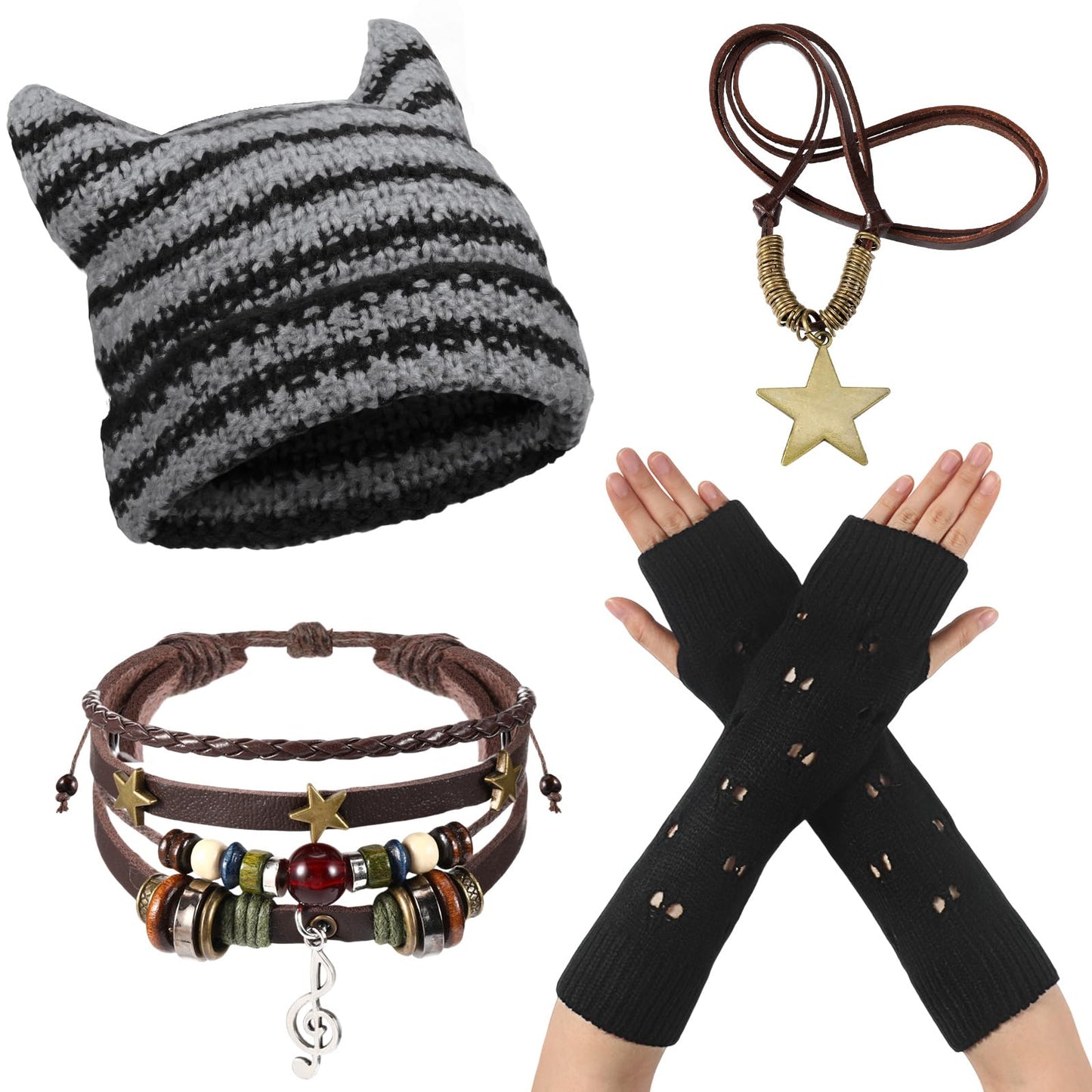 JaGely 4 Pcs Therian Grunge Emo Accessories for Women Cat Beanie Fairy Ripped Gloves Y2k Necklace Fairycore Bracelets Jewelry(Black)