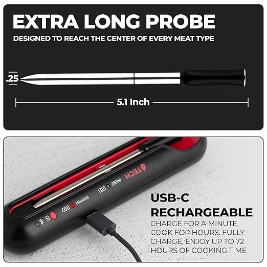 Grill Tech Smart Bluetooth Meat Thermometer Wireless Meat Thermometer for Grilling and Smoking, Precision Accuracy, 950ft Range, USB-C Rechargeable Case, Grill Tech App for Grilling
