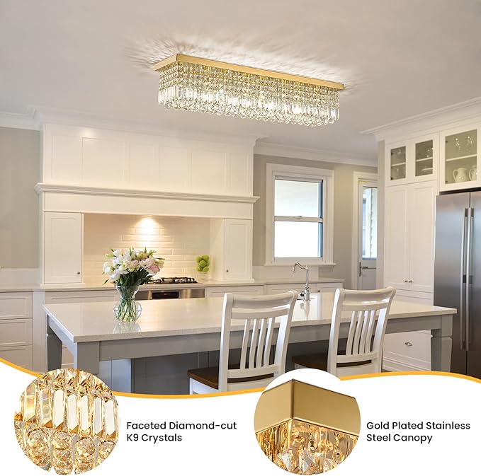 Siljoy 8-Lights Rectangular Flush Mount Ceiling Light Gold Rectangle Modern Crystal Chandelier Farmhouse Close to Ceiling Raindrop Pendant Light Fixture for Dining Living Room Kitchen Island L40''