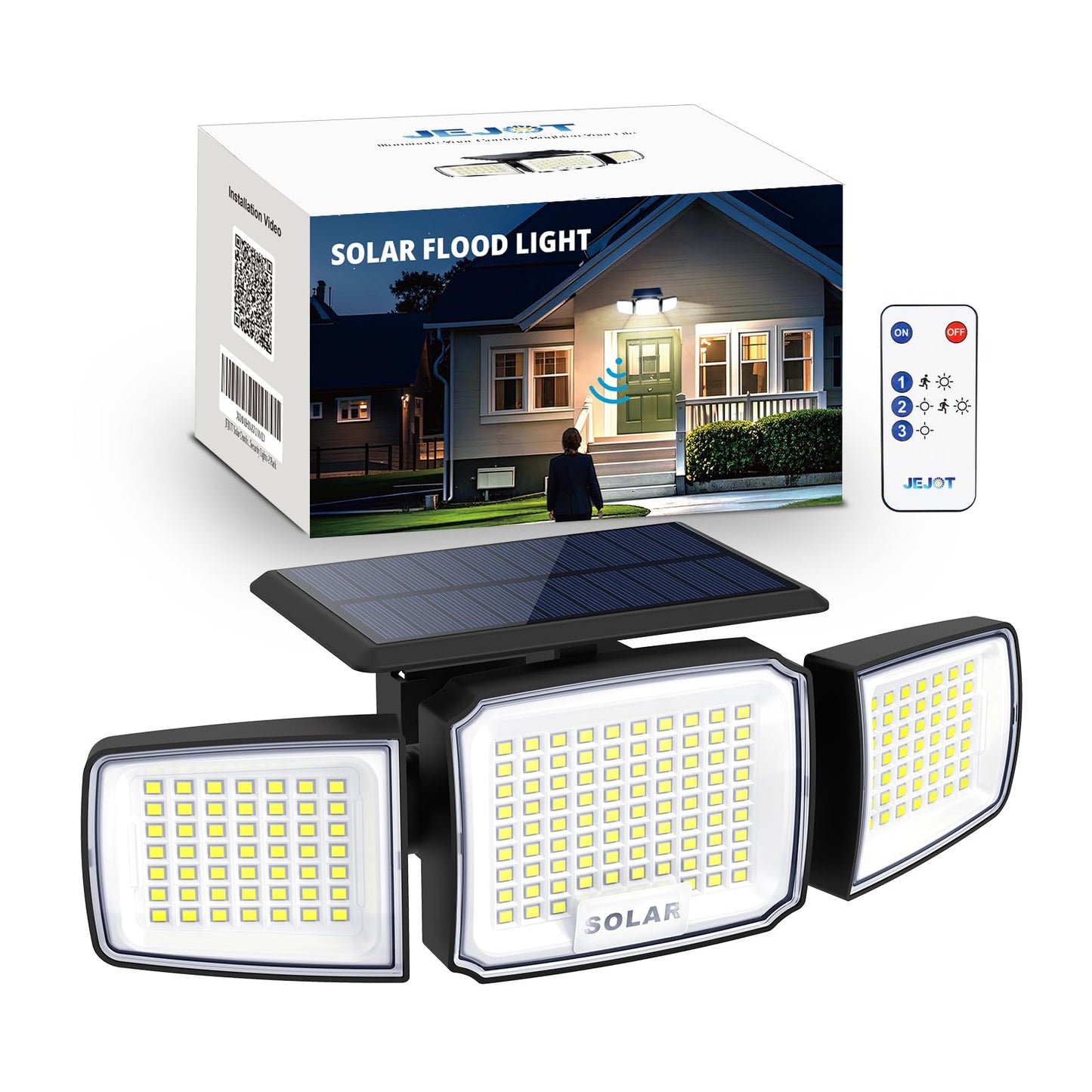 Jejot Solar Security Light Outdoor Super Bright Led W/Remote Control  Radar Motion Sensor Flood Light  3 Heads 270 Wide Angle  Ip65 Waterproof  3 Modes (1 Pack)