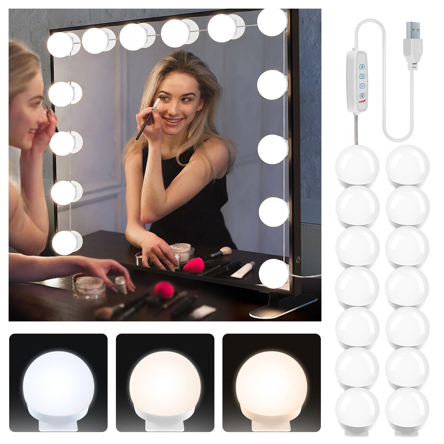 YGS-Tech 14 Bulb Dimmable LED Vanity Mirror Lights, USB Powered, 3 Color Modes, White, ABS Lampholder, Model e8221714-a936