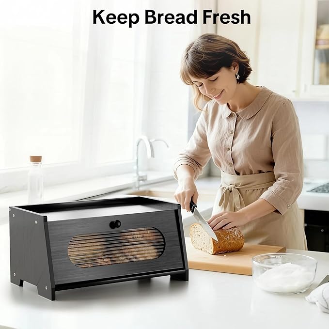 Black Bread Box for Kitchen Countertop,Large Capacity Kitchen Countertop Organizer,Bread Storage with Acrylic Window for Cabinet,Pantry,Cupboard