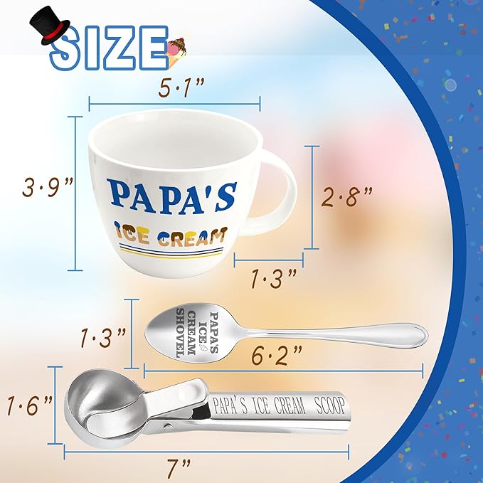 Papa Gifts, Papa Gifts from Grandkids, Papa's Ice Cream Bowl Scoop Shovel Spoon Set, Papa’s Ice Cream Gift, Christmas Birthday Father's Day Valentines Day Gift for Him Man