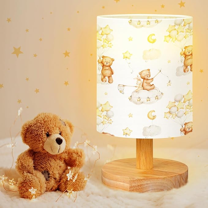 VIHOSE Bear Kids Table Lamp for Bedroom Kids Bedside Lamp with Linen Wooden Nightstand Cartoon Nursery Lampshade for Girls Boys Living Room