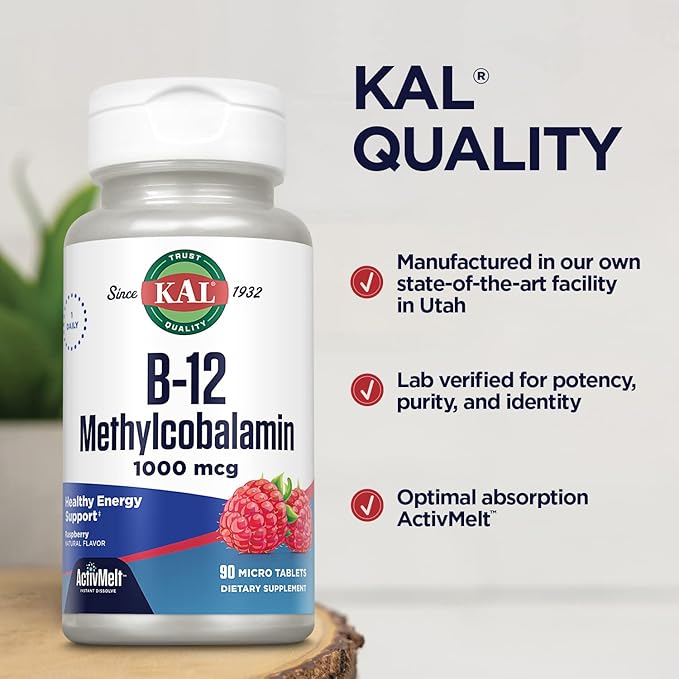 KAL Vitamin B12 Methylcobalamin 1000mcg, Healthy Energy, Metabolism, Nerve & Red Blood Cell Support,* Fast Dissolve ActivMelt, Optimal Absorption, Natural Raspberry Flavor, 90 Servings, 90 Micro Tabs