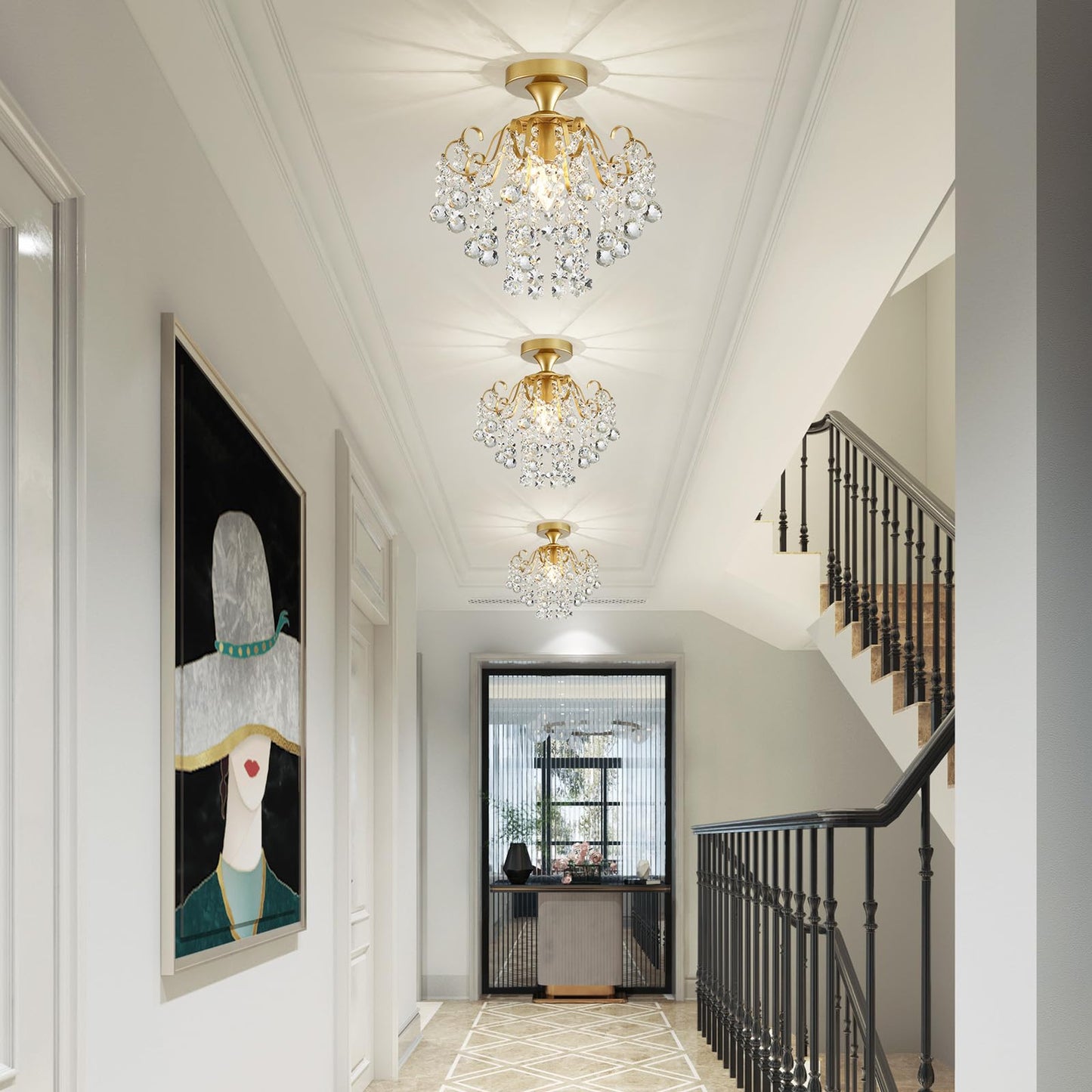 Wuzups Crystal Chandelier Flushmount Ceiling Light Modern Lighting Fixture For Bedroom Hallway Bar Kitchen Bathroom  H 13.4 X W 12.6  E26 Base  Gold
