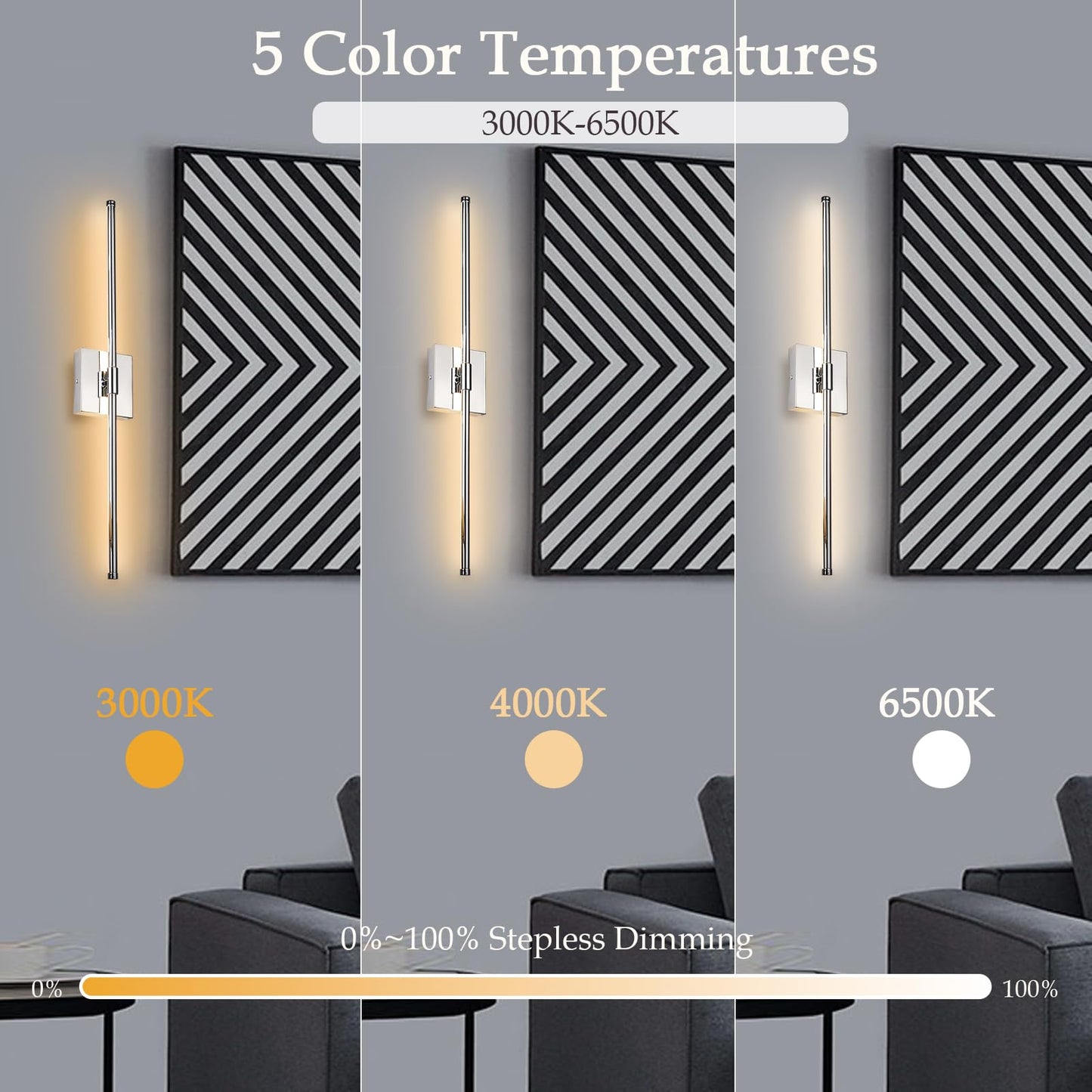 Goosebrite LED Wall Sconces Set of 2, Dimmable, Remote Control, Chrome, Iron
