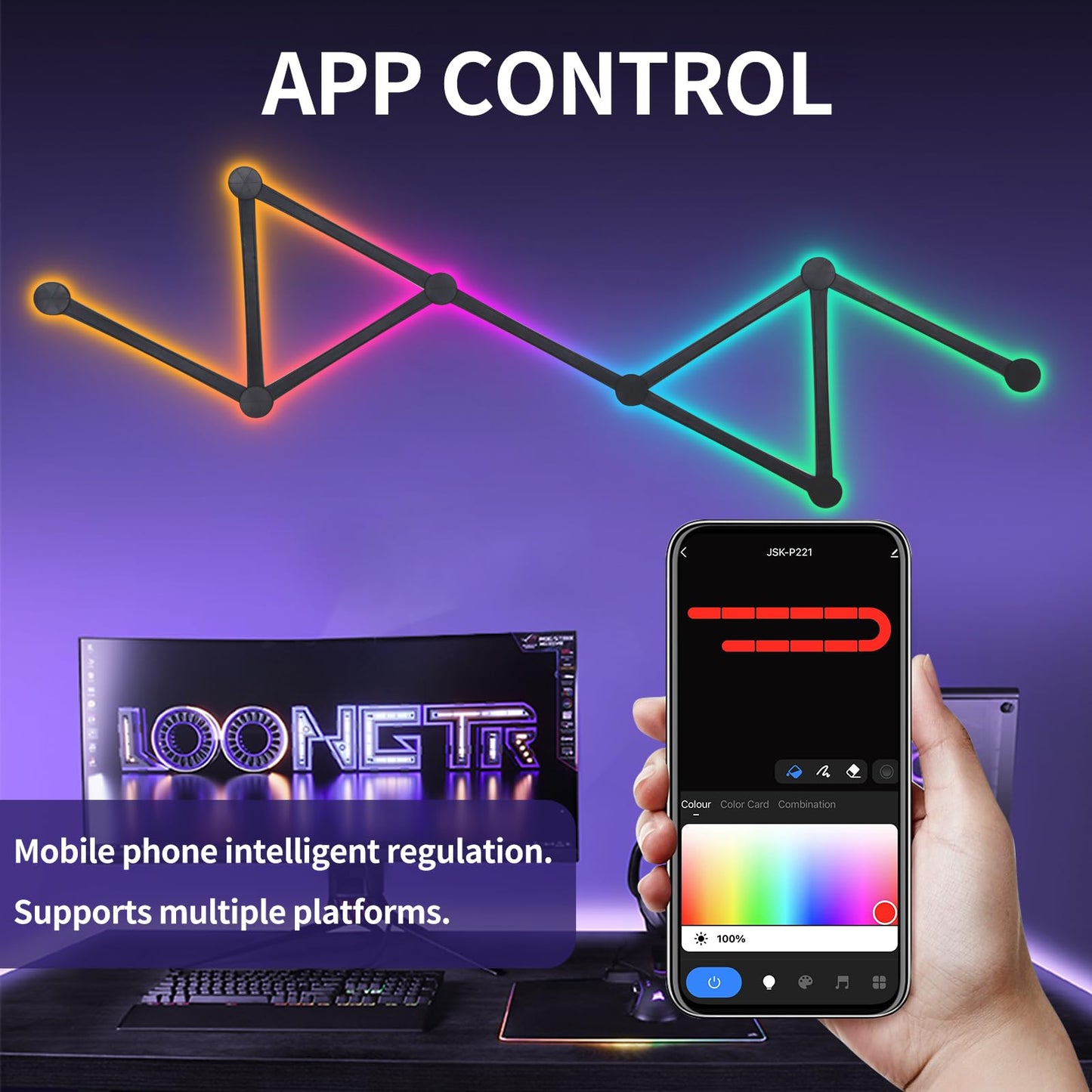 TOHETO RGB Wall Light, LED DIY Geometry Splicing Gaming Lights, Backlit Modular Wi-Fi Colour Changing Home Decor Lights Work with Alexa and Google Assistant for Game Room, Bedroom (9 Lines, Black)