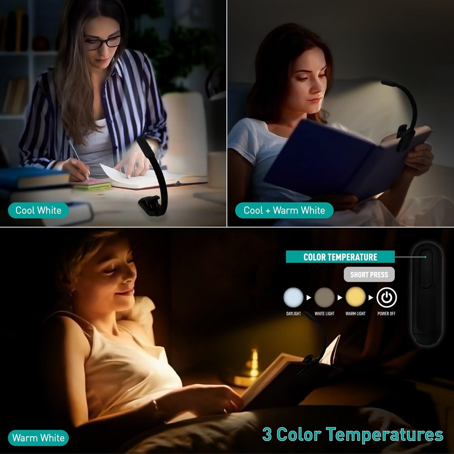 Radixium Rechargeable Book Light For Reading - 9Led Eye-Caring Clip Light W/ 9 Color Temp  Stepless Dimming  50H Battery  Usb-C  Ultra Slim - Gift For Book Lovers (Black)