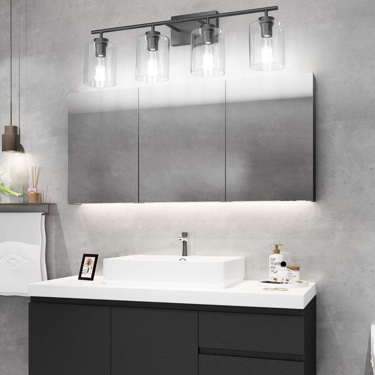 Aipsun Black Bathroom Vanity Light Fixture - 4 Lights, Clear Glass Shades, 31 Inch, Model 2083-4T
