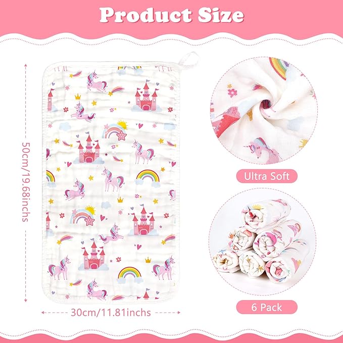 Baby Burp Cloths Muslin Washcloths 6 Pack Muslin Burp Cloths 100% Cotton Large 20''x12'' Soft 6 Layers Baby Burp Rags for Boys Girls Baby Essentials for Newborn Gift Machine Washable