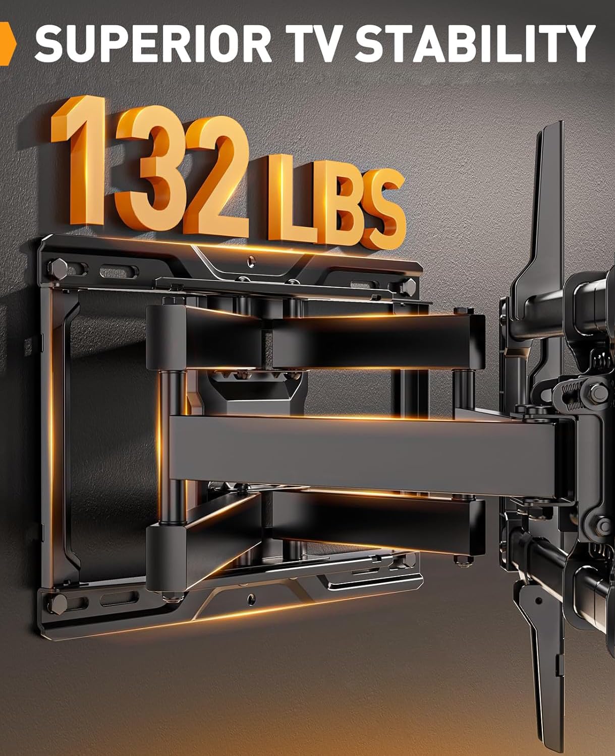 Perlegear Full Motion TV Wall Mount for Most 42–84 inch Flat Curved TVs up to 132 lbs, 12″/16″ Wood Studs, Bracket with Articulating Arms, Swivel, Tool-Free Tilt, Max VESA 600x400mm PGLF12