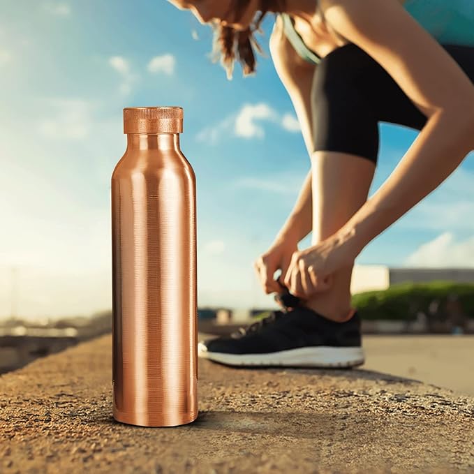 Pure Copper Water Bottle 30 oz 900 ml Leak Proof Ayurvedic 100% Pure Copper Vessel For Drinking - Drink More Water in Smooth Finish Plain Copper Bottle for Sports, Yoga, Travel & Daily Use