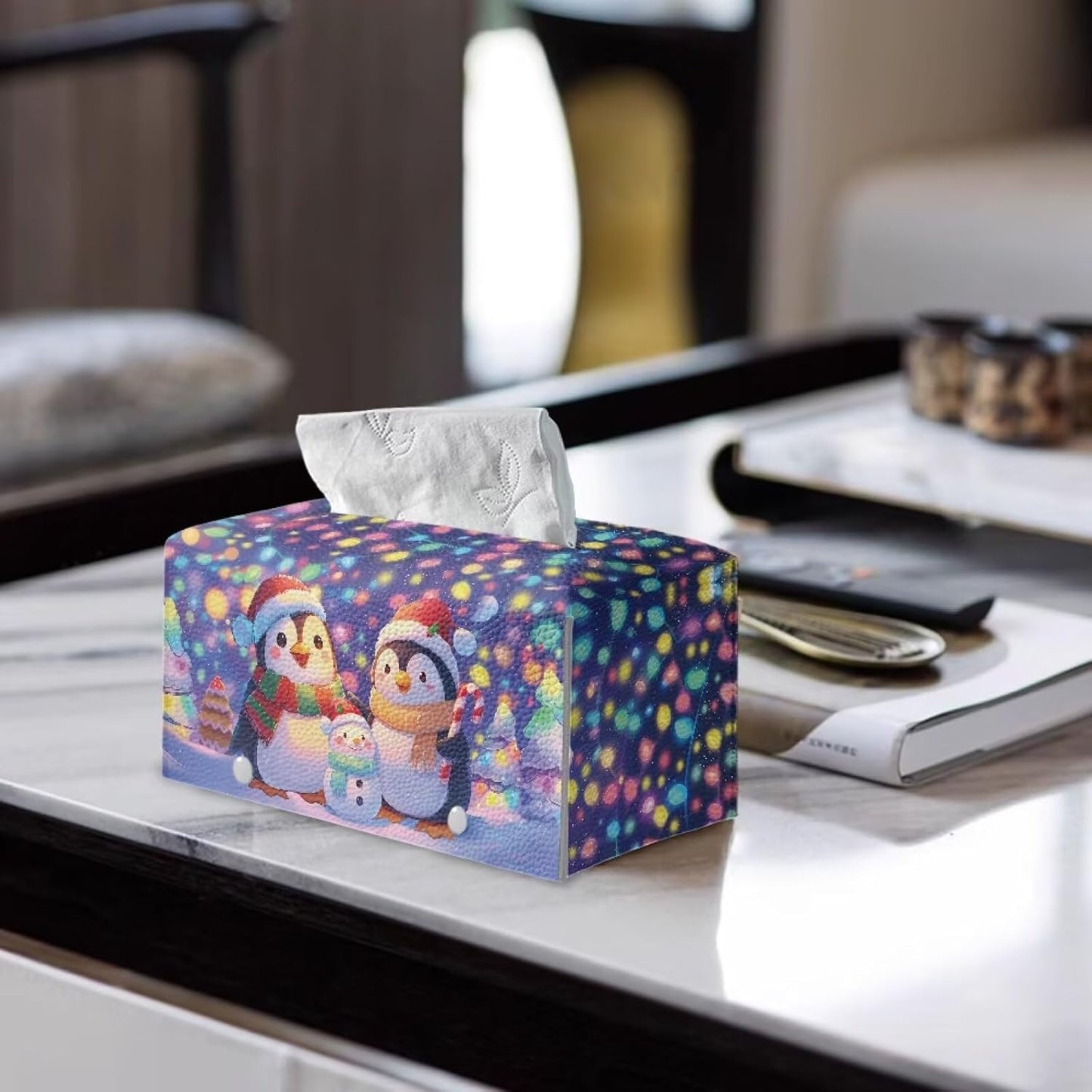 Christmas Tissue Box Cover Cute Snowman & Penguin Facial Tissue Holder Xmas Home Decor Napkin Dispenser Holder with Bottom Belt Christmas Celebration Accessories