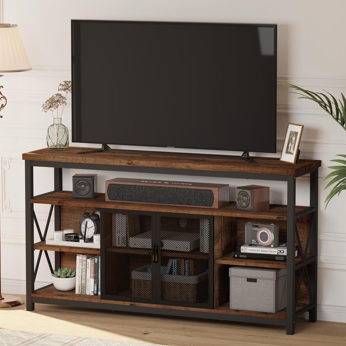 BON AUGURE Tall TV Stand for TVs up to 65 Inch, Industrial Wood Entertainment Center with Storage Cabinet, Farmhouse TV Media Console for Living Room and Bedroom (32 Inch High, Rustic Oak)