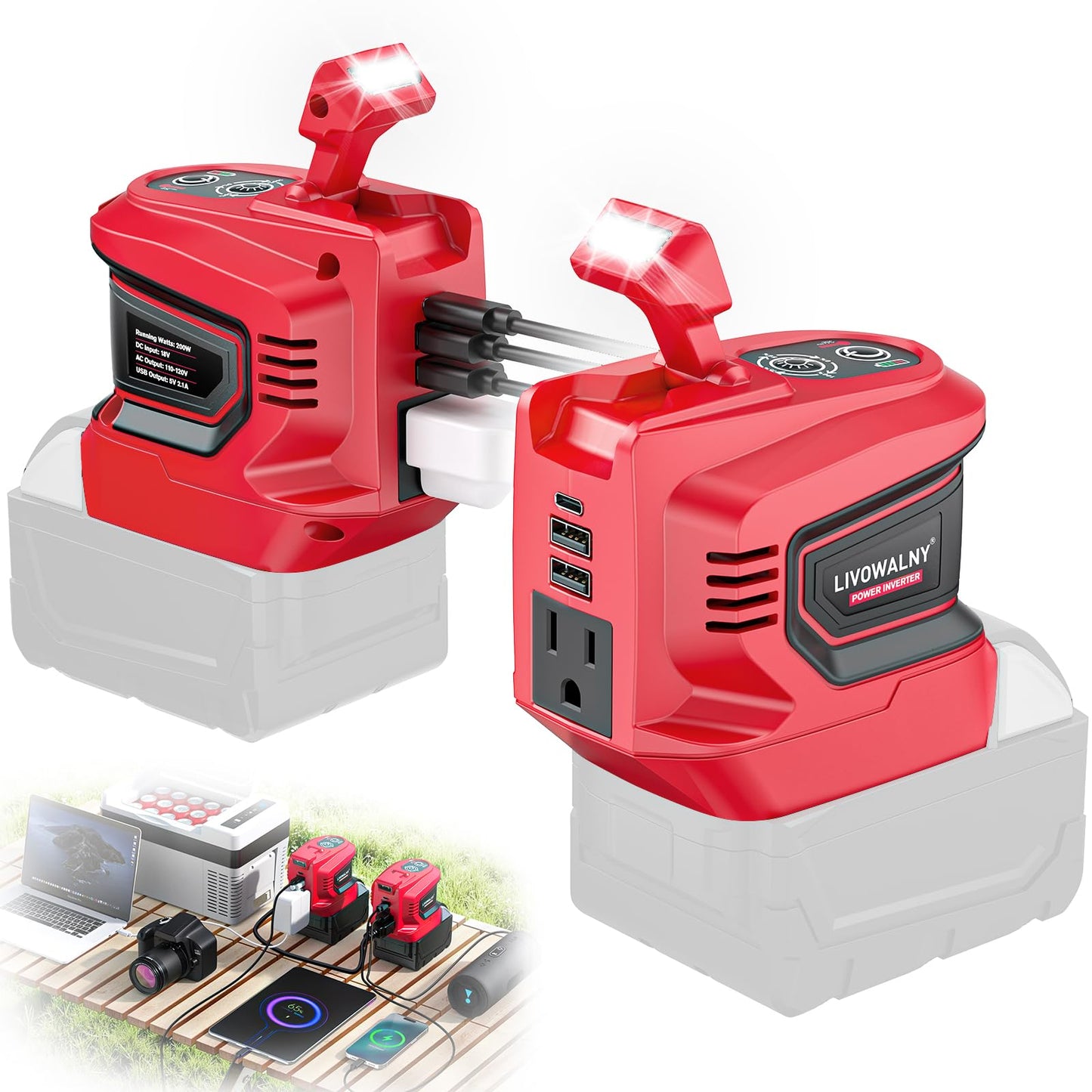 2Pcs 200W Power Inverter For Milwaukee, Livowalny Dc 18V To Ac 110-120V Battery Inverter, Portable Battery Adapter Phone Charger