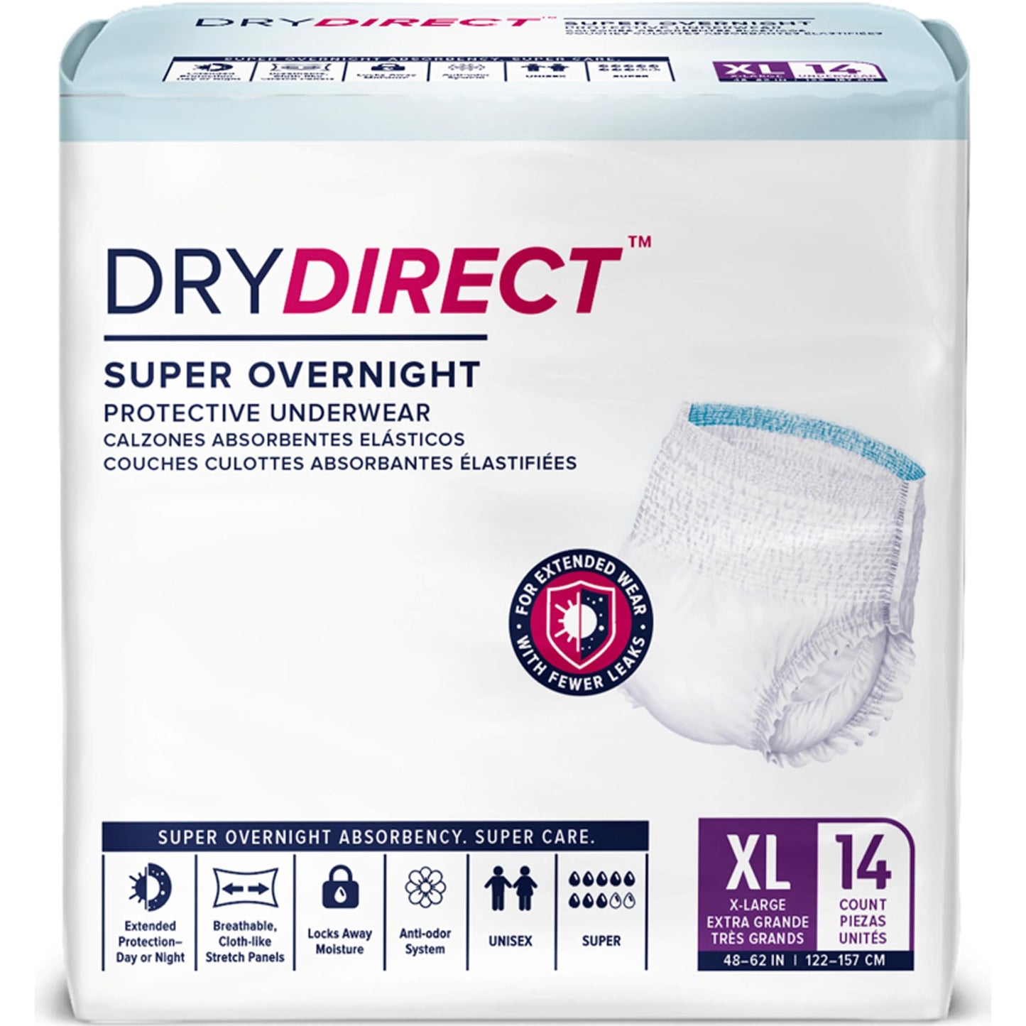 Dry Direct Super Overnight Underwear, Soft Cloth-Like Adult Diapers, Overnight Disposable Incontinence Protection - X-Large (Pack of 14)