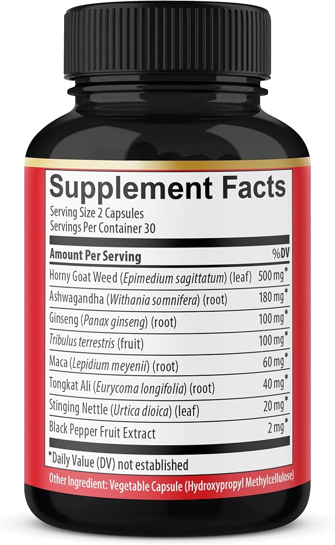 BMVINVOL Horny Goat Weed Capsules with Tribulus, Ginseng, Ashwagandha, Maca, Tongkat Ali, Nettle, Black Pepper - 60 Count