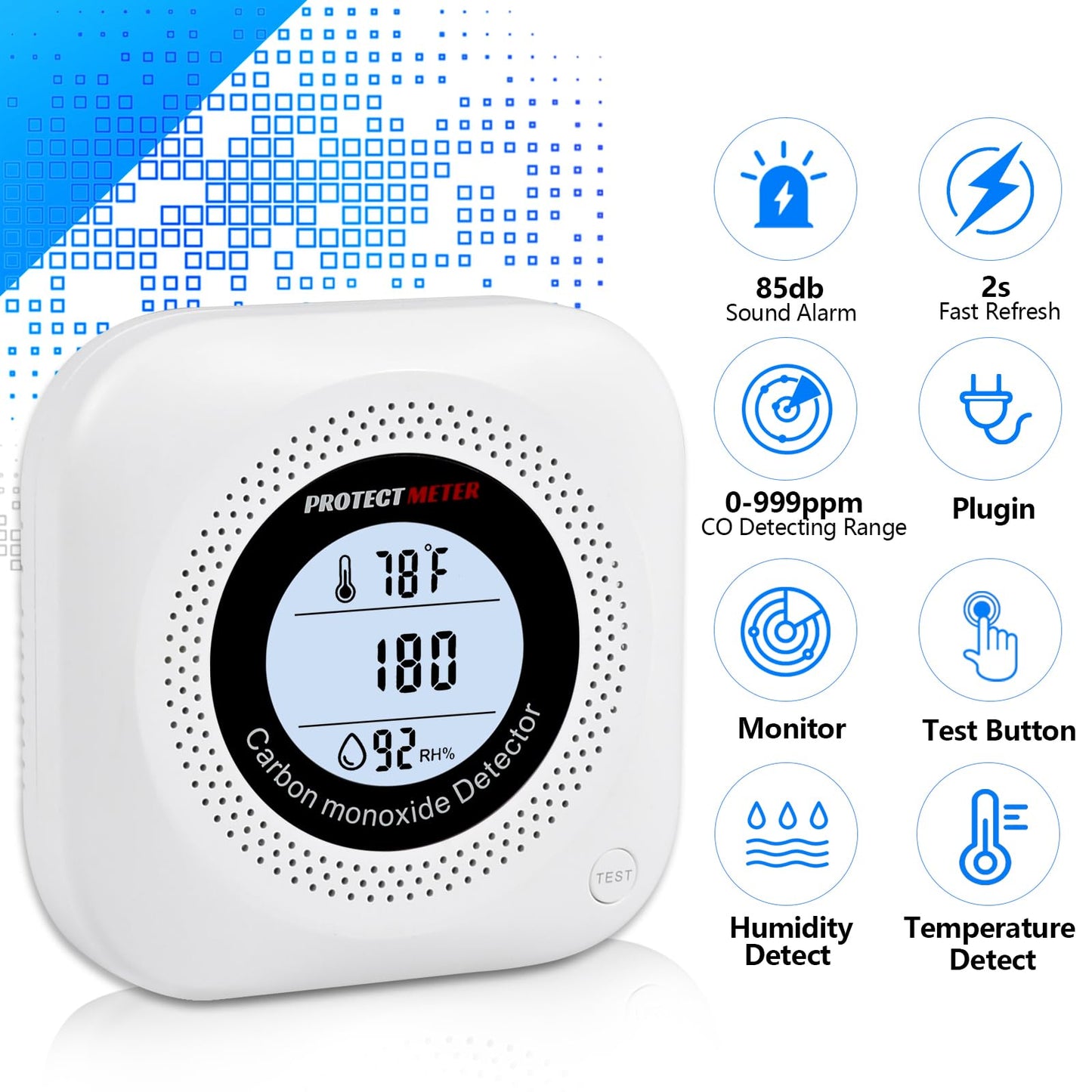 Carbon Monoxide Detector Plug in with Temperature & Humidity, 3-in-1 Portable CO Detector for Travel, Hotel, Home and RV Safety, Carbon Monoxide Alarm with Real-Time CO Monitor Display