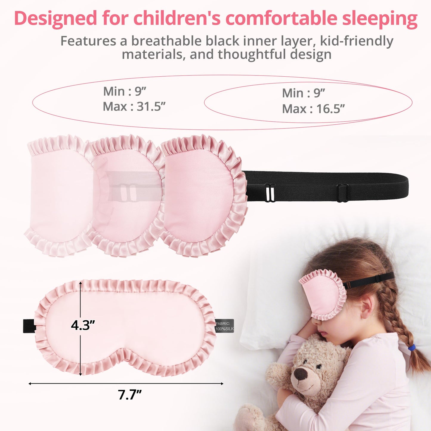 Kids Sleep Mask, 100% Real Mulberry Silk Eye Mask, Sleeping Mask for Kids with Adjustable Elastic Band, Soft & Light Blocking Eye Cover Gift for Boys Girls Teens Age 5+ (Pink)