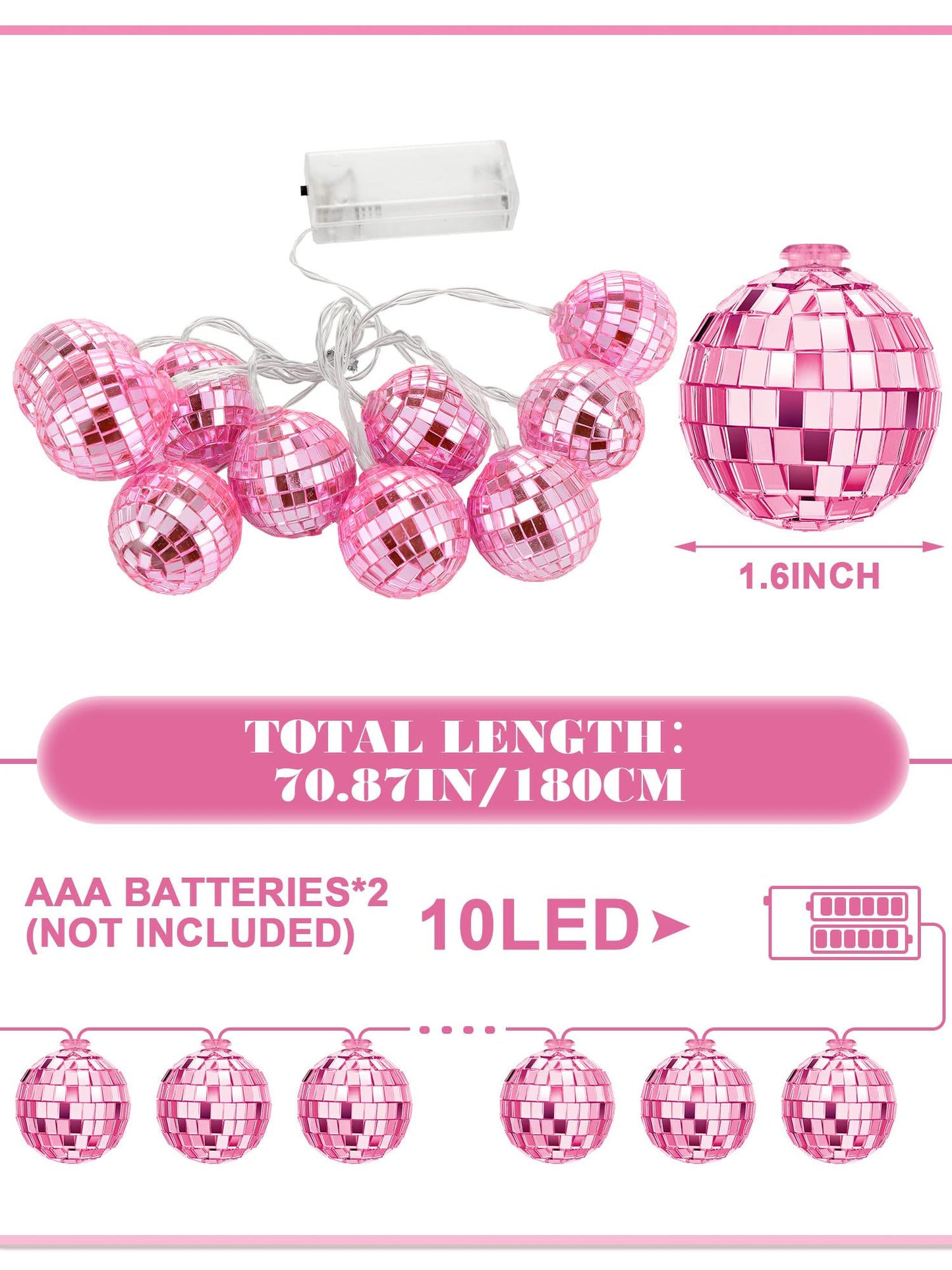 Bbto Led Disco Ball String Light Battery Powered Mirror Balls Ornaments For Outside Backyard Porch 70S 80S Disco Party Supplies(1.57 Inch Rose Pink)