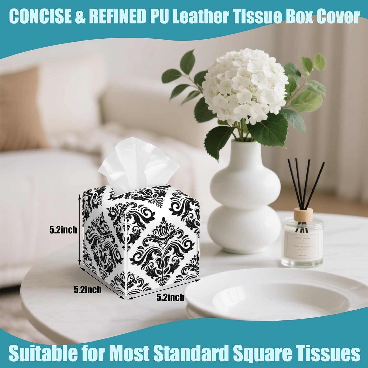 Vintage Damask Floral Tissue Box Cover Square,Leather Tissue Holder,Waterproof Leather Facial Paper Organizer Tissue Box Cover for Home Office Bathroom Vanity Countertop,5.2" x 5.2" x 5.2"