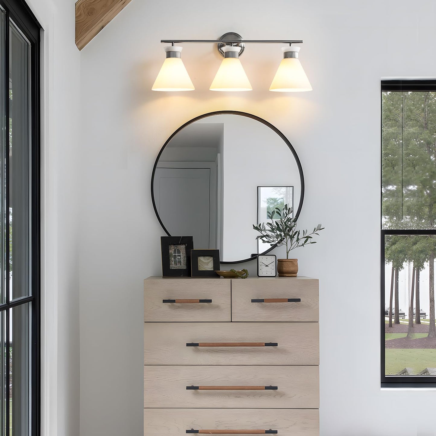 Woshitu Nickel Bathroom Vanity Light Fixtures: Vanity Lighting Fixtures Over Mirror 23.4 Inch With Milky White Frosted Glass  3-Lights Vanity Light Above Mirror Bathroom Wall Light(Exclude Bulb)